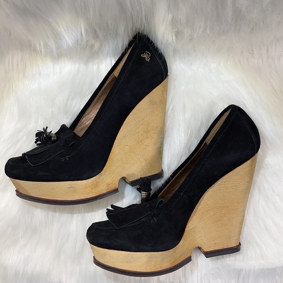 NWT Sam Edelman Black Leather Loafer Tassels & Wood Wedge Platform - Picture 6 of 16